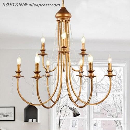 Modern Vintage Design Crystal E14 Ancient Gold Led Chandelier Lighting Fixtures for Home Loft Staircase Living Room Bedroom Lamp