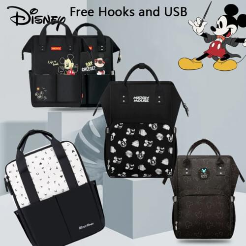 Disney Diaper Bag Mickey Backpack For Mommy Baby Bag Maternity Baby Care Nappy Bags Travel Stroller Send Free Hooks USB Heating