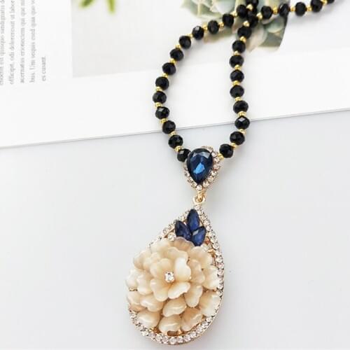 Light Yellow Gold Color Layer Flower Cat Eye Stone Pendant Long Beads Chain Necklace with Rhinestone Jewelry