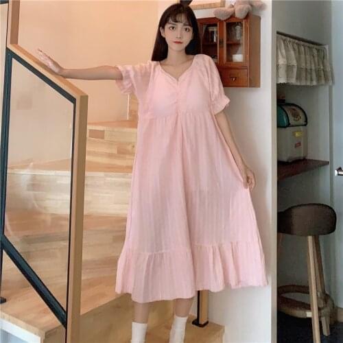 Loose plus size nightdress pink elegant cotton home service lady princess style with chest pad sleep dress thin dress night gown