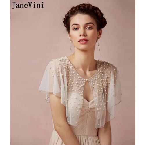 JaneVini Luxury Full Pearls White/Ivory Bridal Jacket Beaded Edge Tulle Shawls Wraps Summer Bride Cape Bolero for Wedding Dress