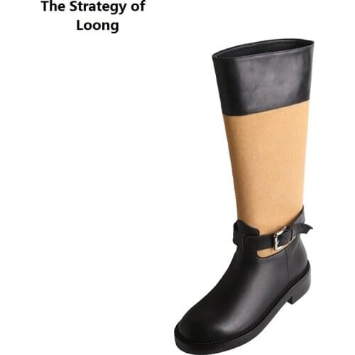 Spring Autumn New Fashion Think Heels Buckle Strap Mixed Colors Genuine Leather Women Knee-High Long Equestrian Boots 0805
