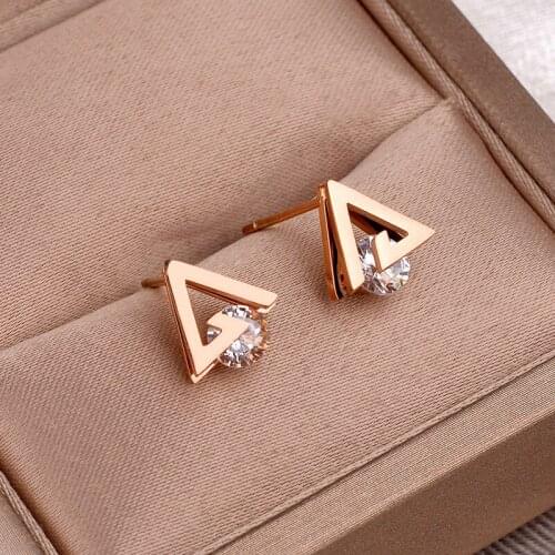Korean Style Fashion Geometric Triangle Zircon Stud Earrings For Women Trendy Stainless Steel Ear Jewelry Female Party Gift