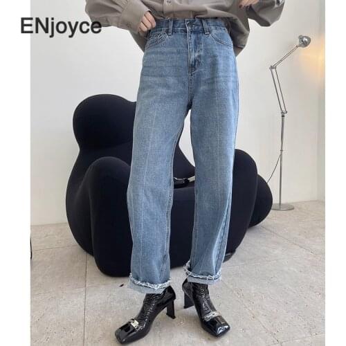 Women Vintage Blue Jeans High Waist Simple Style Straight Pants Streetwear Loose Wide Leg Denim Pants Korean Fashion Trousers