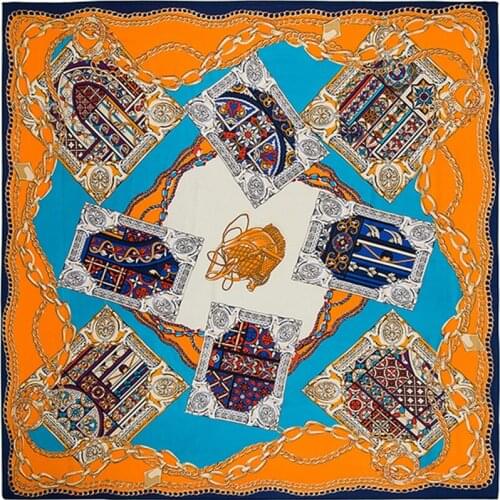 2021Spring Fashion Metal Chain Shield New Ladies Luxury Twill Silk Scarf 130*130cm Square Scarf Silk Scarf Sunscreen Shawl