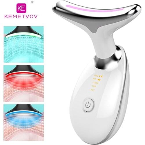 3colors LED photon therapy neck massager EMS hot facial skin tightening beauty instrument micro current rejuvenation instrument