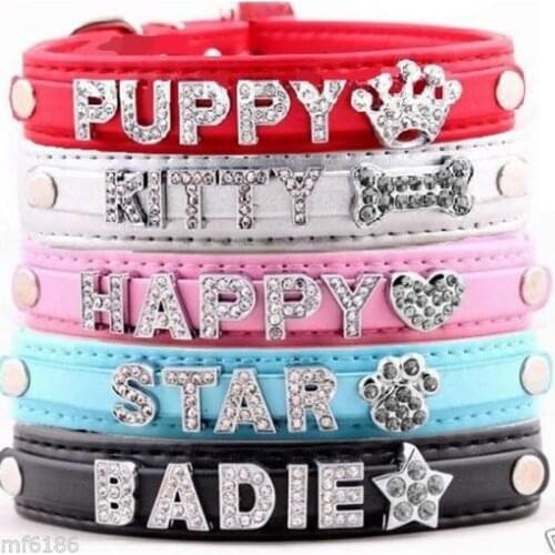 5 Colors DIY Name Dog Collars Leather Personalized Pet Cat Collars with Rhinestone Letters Puppy Collar Size XS-L DOGGYZSTYLE