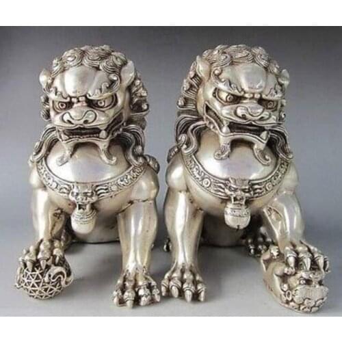 5inch Chinese Silver Bronze Guardian Lion Foo Fu Dog Statue Decoration Crafts Statues & Sculptures