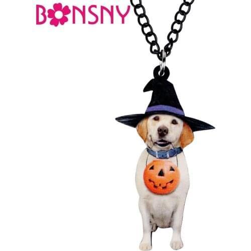 Bonsny Acrylic Halloween Cute Pumpkin Labrador Dog Necklace Long Chain Choker Animal Jewelry Women Kid Girl Charms Festival Gift