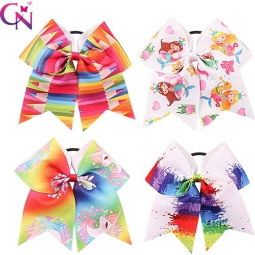 CN 7" Unicorn Cheer Bows With Rubber Band For Girls Kids Printed Ribbon Ponytail Mermaid Hair Bows Hair Accessories