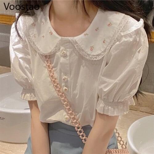 Japanese Sweet Lolita Style Blouses Women Cute Lace Ruffles Floral Embroidery JK Shirts Kawaii Girls Puff Sleeve Blusas Mujer