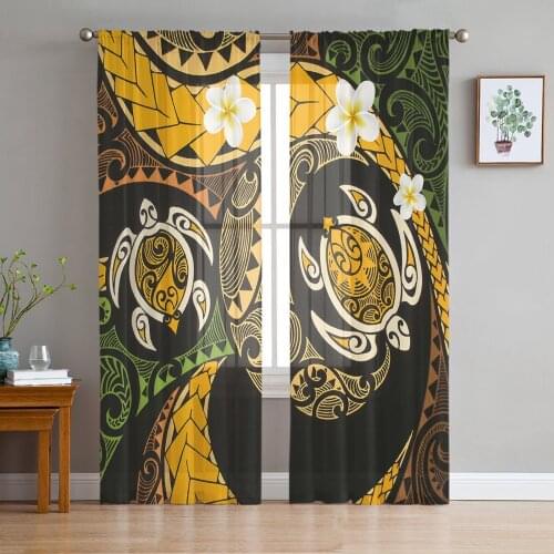 Ethnic Polynesian Texture Flower Sheer Tulle Window Curtains For Living Room Bedroom Kitchen Veiling Curtain Home Decoration