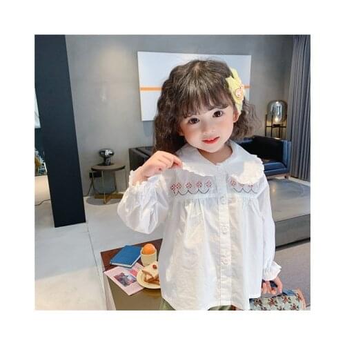 Girls Korean Long-sleeved Shirt 2021 Spring New Childrens Baby Girl Embroidery Tee Shirt Spring and Autumn Toddler Blouse Tops