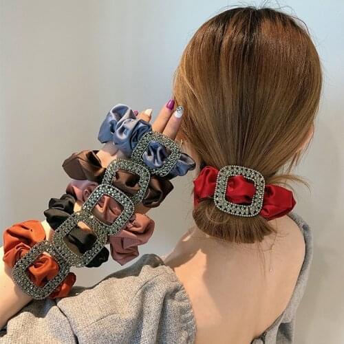 Large Square Rhinestone Silk Elastic Hair Bands Ties Solid Metal Scrunchies for Women Girls Rubber Bands Hair Gums Accessories