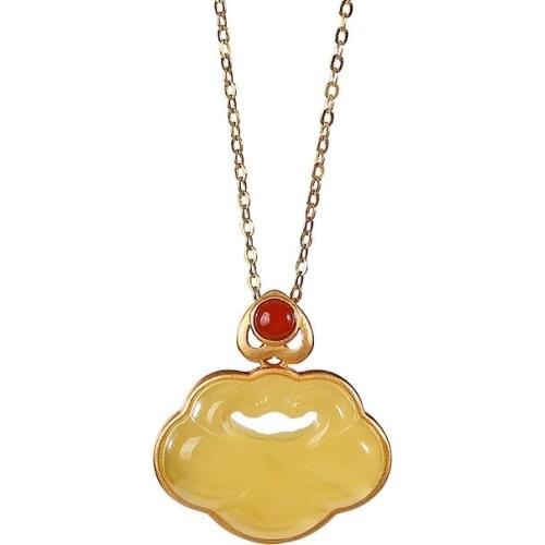 S925 sterling silver gold-plated natural amber beeswax pendant retro personality Ruyi womens sweater chain necklace pendant
