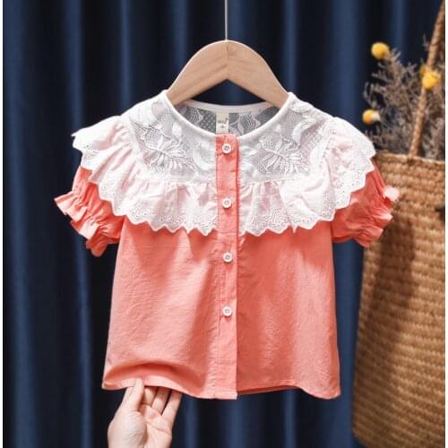 Cute Girls Summer Lace Shirt Children Cotton Clothes Baby Short Sleeve Tops Tees Blouse Doll Collar Toddler Infant Shirts 1-6Y