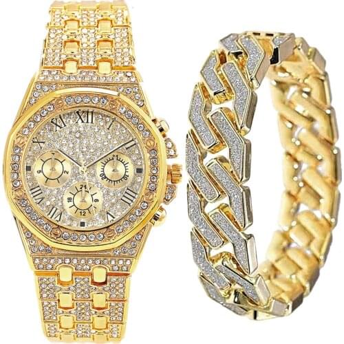 2pcs/set Watch Bracelet for Men Cuban Chain Men Bracelet Iced Out Watch for Men Luxury Gold Men Watch Set Gift Religio Masculino
