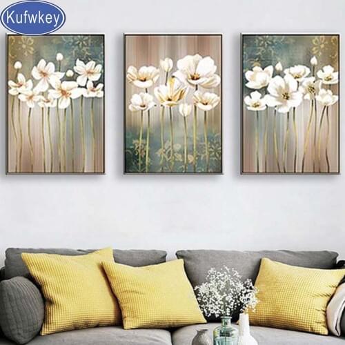 3 piece white orchids flowers Full Square round 5d diy Diamond Painting Embroidery flower diamond Mosaic kit Triptych art
