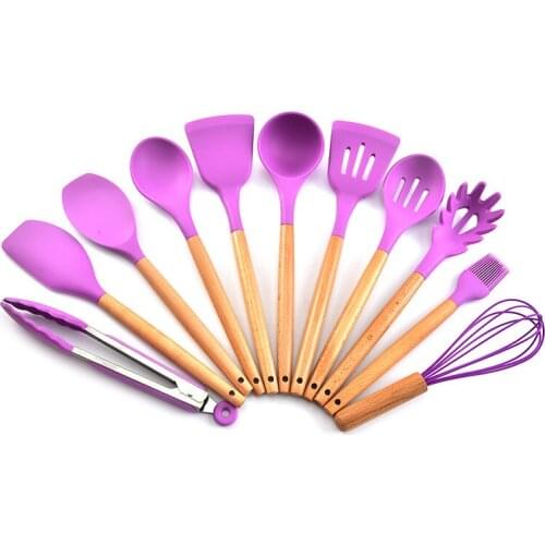 12 Pcs Kitchen Ware Set Wooden Handle Silicone Cooking Utensils Set Purple Cookware sets Home Silica Gel Kitchen Cooking Tools