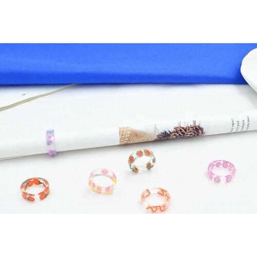 Summer Refreshing New Fashion Fresh Cartoon Design Sense Strawberry Orange Watermelon Dragon Fruit Patterned Resin Rings