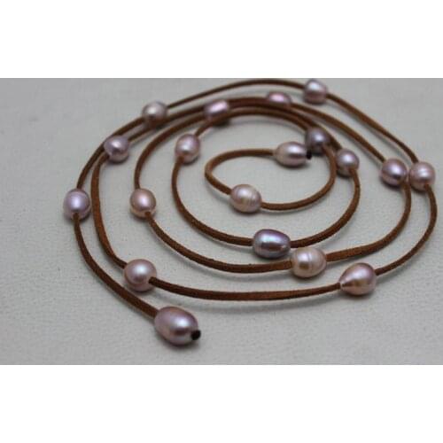 New Arriver Leather Pearl Jewelry Brown Leather Natural Purple Freshwater Pearl Necklace 10x12mm 48 inches Handmade Necklace