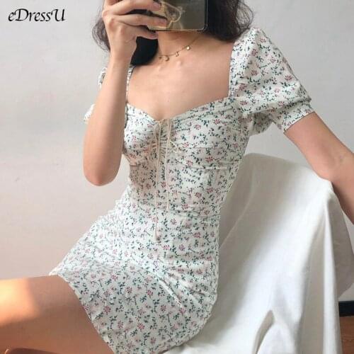 EDressU Sexy Floral Dress Summer Mini Short Sheath Dress Boho High Waist Puff Sleeves Holiday Club Casual Dress SL-037