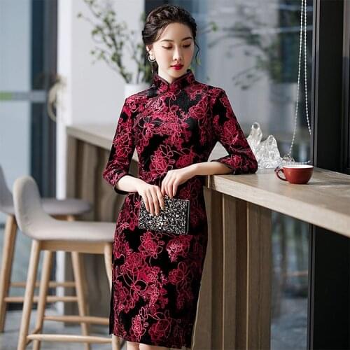 Chinese vintage dress Womens plus size cheongsam plaid Cotton qipao knee length improve traditional dresses
