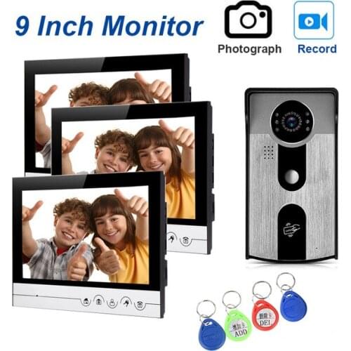 Wired 9''Inch video doorphone intercom system with recording and IR night vision camera for home security