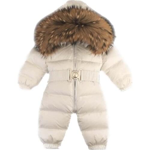 RUSSIA new feather duvet winter children go out to ski, big animal fur collar, fluffy down jumpsuit