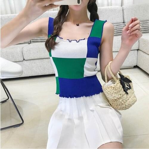 Contrast Color Square Collar Pullover Sweater Womens Spring Summer Sleeveless Top Woman Sweaters Femme Chandails Pull Hiver