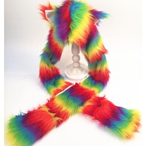 Women Rainbow Stripes Furry Animal Hoodie Hat Fluffy Plush Ears Paws 3 In 1 Multifunctional Earflap Cap Scarf Gloves Mittnes Win