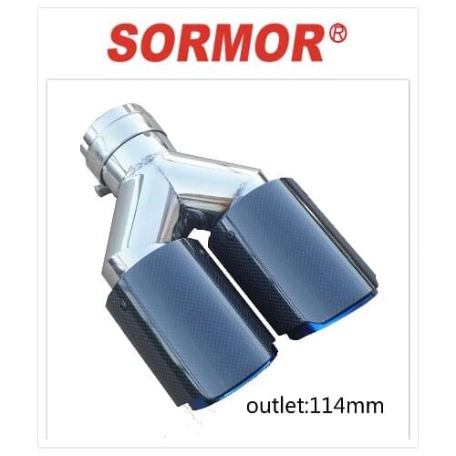 SORMOR exhaust tip outlet 114mm glossy carbon fiber blue burnt stainless steel Dual-outlet muffler tips car accessories