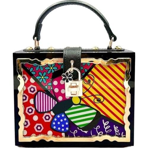 Bag For Women Fashion Flower Pattern Box Style Party Handbag Clutch Luxury Women Purses Acrylic Designer Crossbody Bag