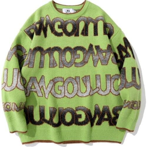 Hip Hop Gradient Letter Jacquard Sweater Knitted Pullover Loose Bottoming Tops Autumn Winter All-match Harajuku Couple Sweaters