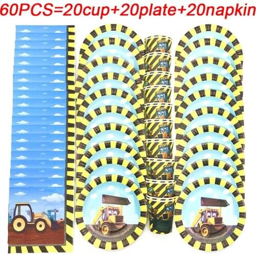 Baby Boy Birthday Decoration Party Supplies Paper Plates Cup Napkin Tableware Construction Vehicle Excavator Car Theme Party Set