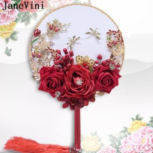 JaneVini Vintage Chinese Style Red Wedding Bridal Fan Bling Bouquet Beaded Silk Peony Metal Round Hand Flower Fan for Bride 2019