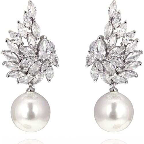 TIRIM Trendy Pearl Wings Dangle Drop Earrings with Cubic Zirconia Luxury Shining For Women Bridal Prom Original Design