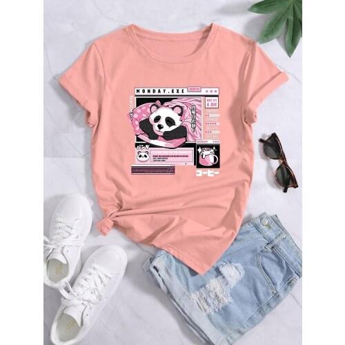 Kawaii Monday Panda Printing Women t Shirt Spring Summer Crewneck Top Cartoons Basic t Shirt Oversized o-Neck Womens t-Shirts