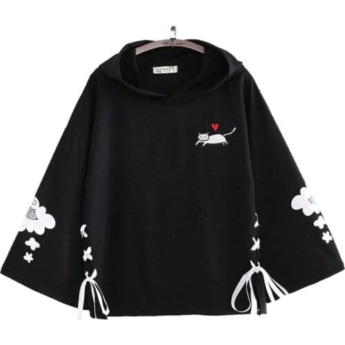 Harakuju Women Hooded Sweatshirts 2020 Autumn Cartoon Cat Embroidery Lace Up Hoodies Flare Sleeve Loose Cute Pullover Tracksuits