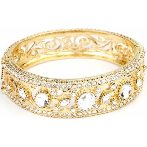 Sunspicems Gold Color Engraved Women Cuff Bracelet Filigree Crystal Bangle Morocco Wedding Jewelry Bohemian Anniversary Gift