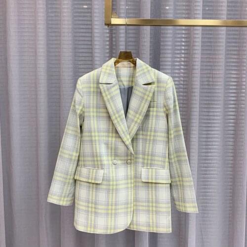 2021 autumn new style suit fashion casual yellow plaid pattern two button suit collar jacket women