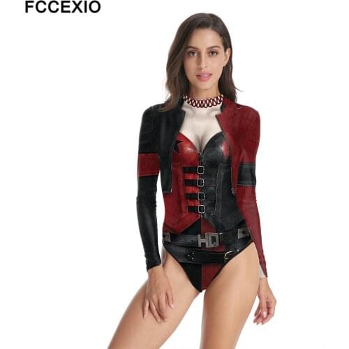 FCCEXIO Policewoman Printed Women One-Piece Swimsuit Summer Casual Long Sleeve Beachwear Bathing Suit Sexy Tight Swimwear