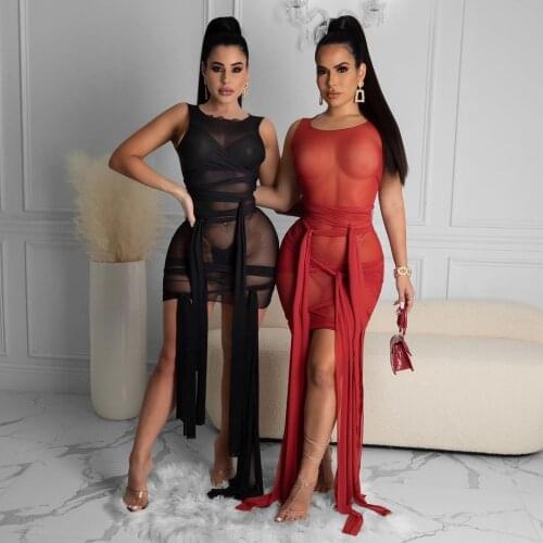 Adogirl Women Elegant Prom Mini Dress Summer Sleeveless Slim See Through Dresses Sexy Party Club Fashion Solid Bandage Outfits
