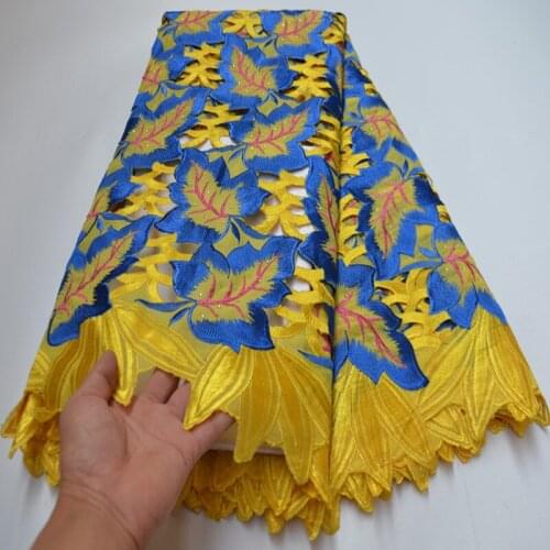 5yards/pc) high quality hand cut Swiss voile lace yellow blue embroidered African cotton lace fabric for party dress CP472