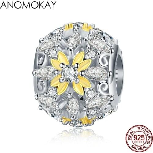 Anomokay Gold Color Enamel Flower Openwork Round Beads for Bracelet & Bangle Charm 925 Sterling Silver Plant fit Snake Bracelet