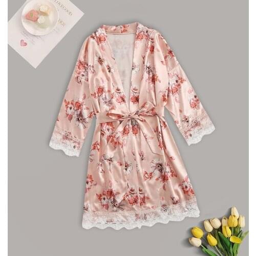 Satin Silk Pajamas New Plus Size One-Piece Women Nightdress Set Mujer Sensual Print Lingerie Robes Pink Underwear Sleepwear Sexy