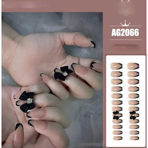 Bowknot Black Edge Trapezoid French False Nail Nude Nail Art Finished Removable Wearable Nail Patch