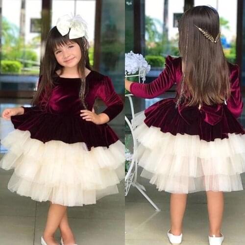 Velvet Puffy Flower Girl Dresses Long Sleeves Illusion Back Wedding Party Bow Birthday Gowns Winter