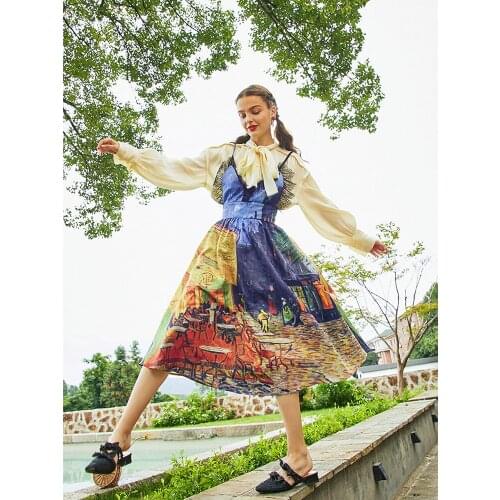 【Biutefou】Original Design 2021 Autumn Women Vintage Artistic Starry Sky Print Lace Patchwork Strap Dress