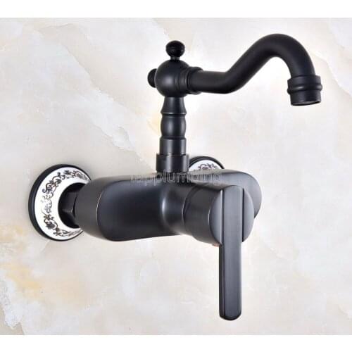 Black Oil Rubbed Bronze Wall Mounted Bathroom Basin Faucet / 360 Swivel Spout Kitchen Sink Mixer Taps tnf843